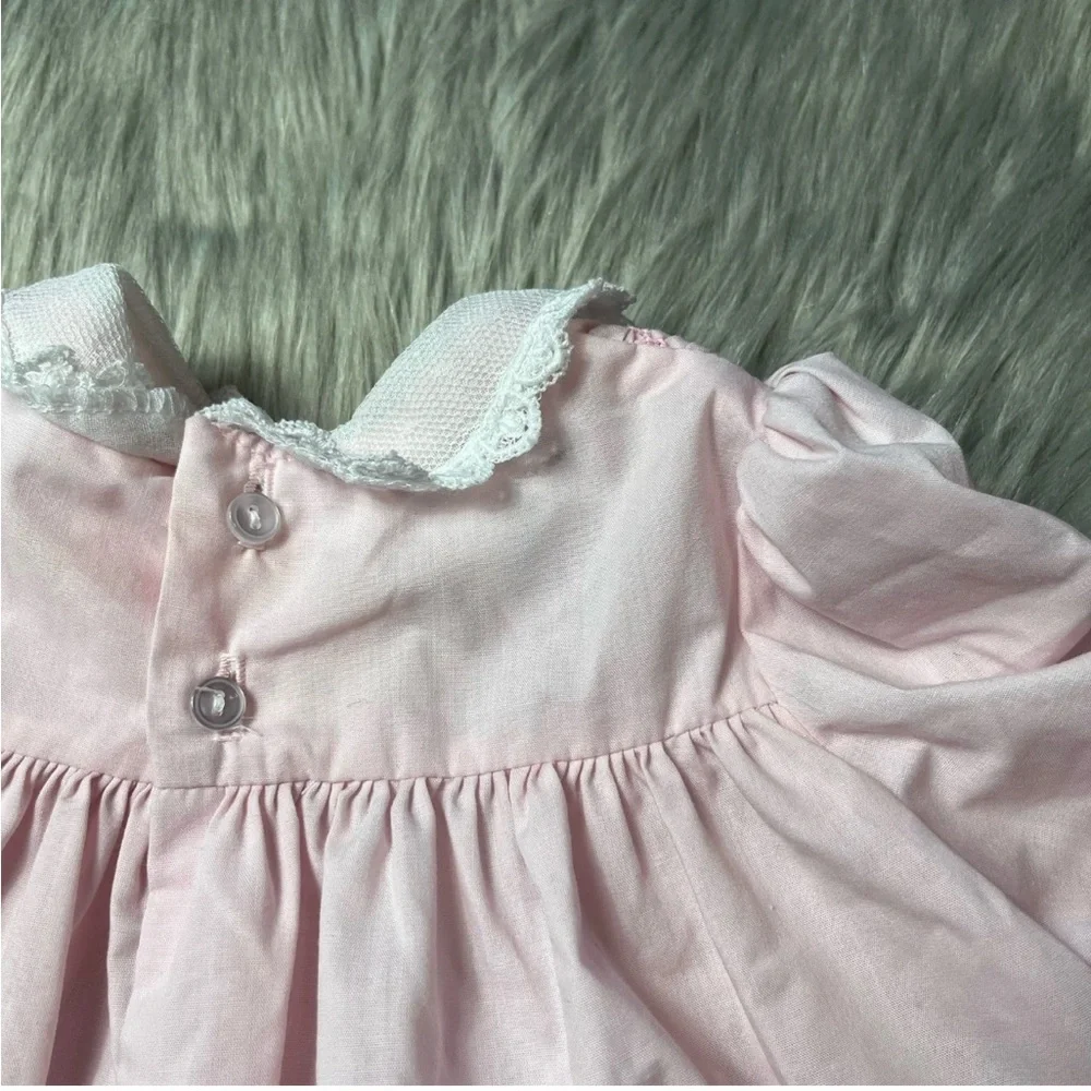 Vintage Polly Flinders Girls Pink White Smocked Ruffle Lace Dress